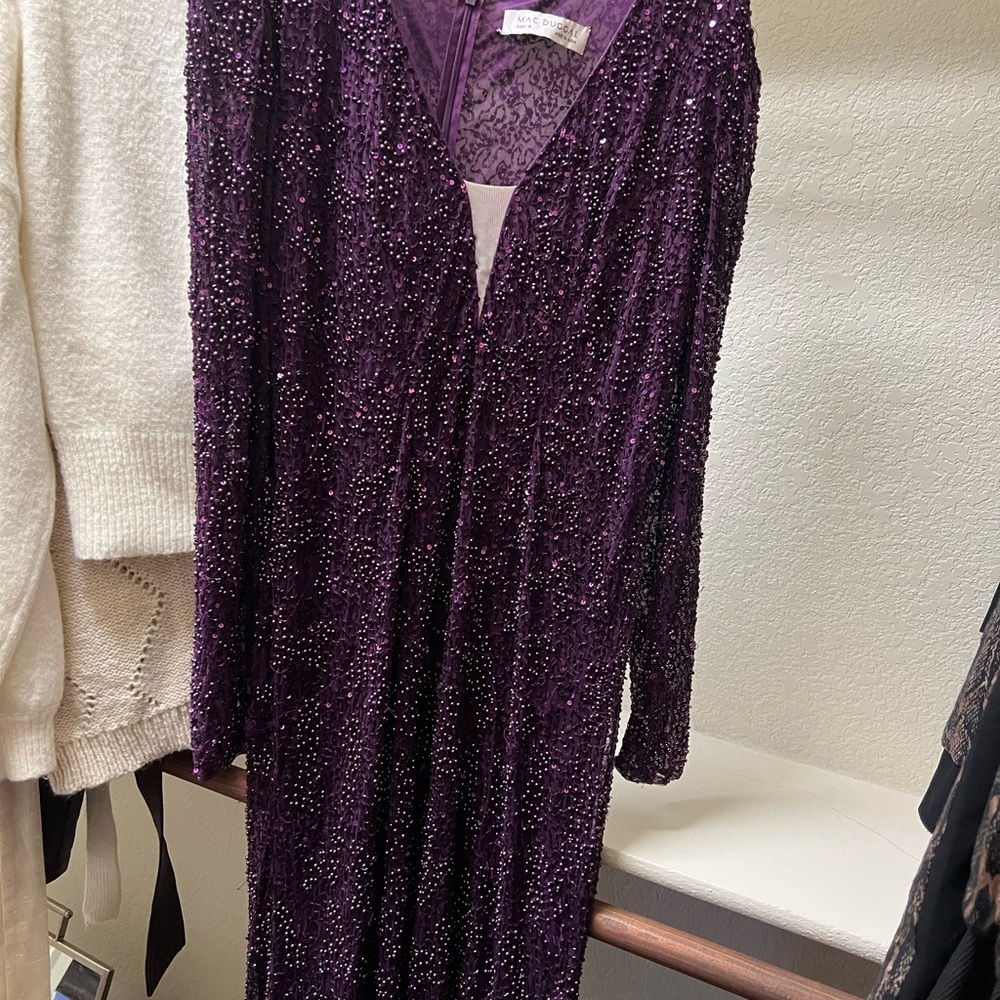 Mac Duggal Deep Purple Beaded Long-Sleeve Gown
